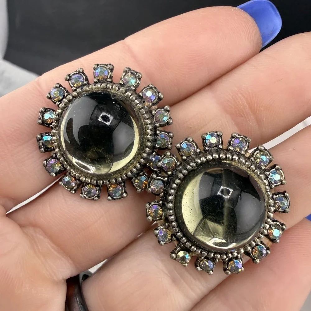 Vintage Glass  Cufflinks‎ Silver Tone Rhinestone AB